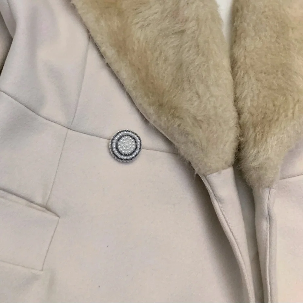 Elegant French Connection Wool Faux Fur Cream Beige Mid Length Coat 6 Tan Jacket - Picture 7 of 13